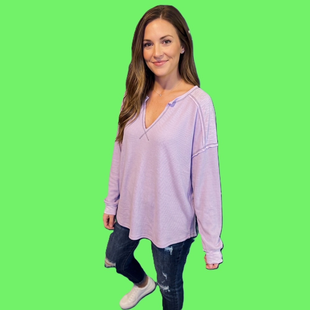 NWT BIBI Womens Lavender Purple Waffle Knit Thermal V-Neck Top BT2171-02 Large